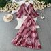 Elegant Abstract Print Wrap Top With Flared Sleeves And High-Waisted Pleated Maxi Skirt Set, Criss-Cross Back Women's Outfit_ecoleips.com