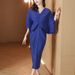 2026 European American Fashion Elegant Pleated Bat-sleeve Plus-size Women's Dress With A Stylish V-neck Solid Color,_ecoleips.com