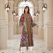 Modest Abaya Dress Women's Ethnic Maxi Dress V-Neck Long Sleeve Printed Loose Fit Full Hem Dress For Middle East_ecoleips.com