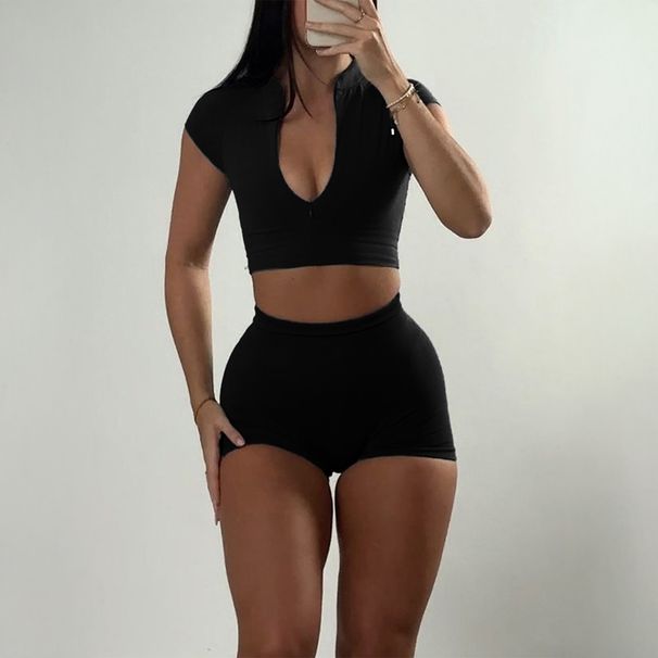 Verve KaiKuo Sports Hot Girl Style Zipper Short Sleeve Shorts Two-Piece Set Women's Clothing 2025 Summer_ecoleips.com
