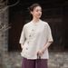 26 Summer New Chinese Style Stand Collar Asymmetrical Button Contrast Color Cotton Linen Zen Tea Shirt Women's Short_ecoleips.com