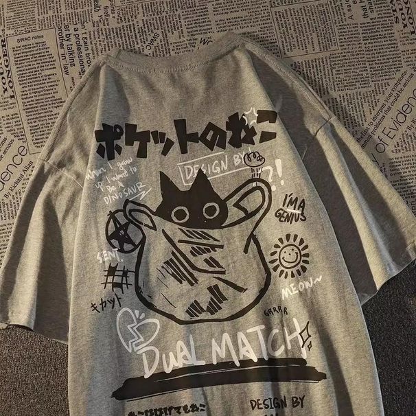 Summer Japanese Cartoon Retro Cat Print Short-sleeved T-shirt Man And Woman Couple Neutral Large Size Top_ecoleips.com