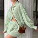 Green Cotton Jacquard Breathable Loose Long Sleeve Shorts Pajamas Two-Piece Set European And American Autumn New_ecoleips.com