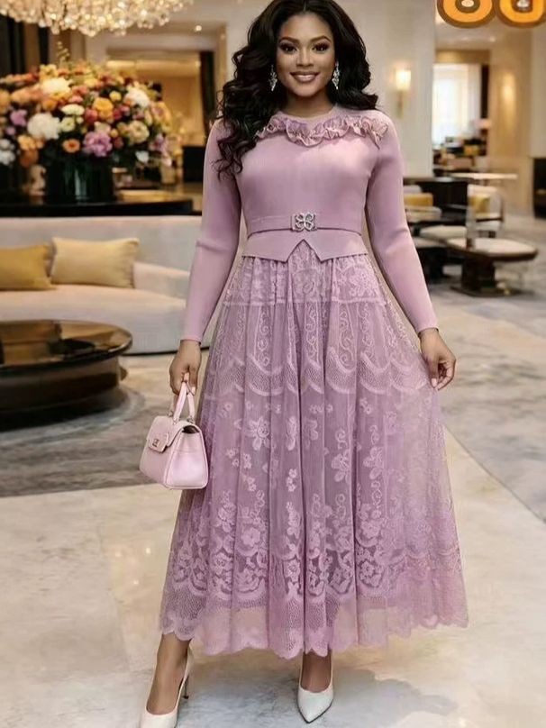 Women's Clothing Plus Size Pleated Dress Summer Fashion Faux Two Piece Long Dress Waist Cinching Lace Design_ecoleips.com
