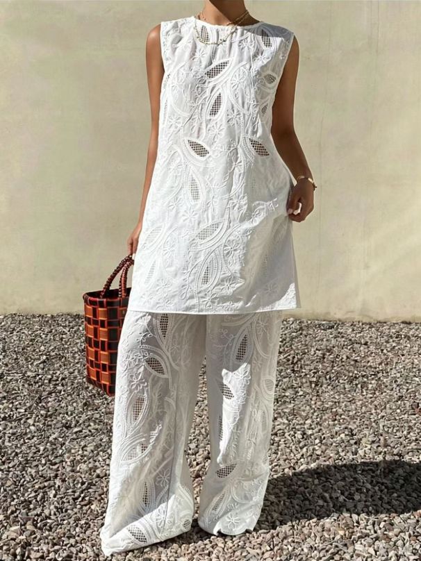 2026 European American Cross-border New Style White Embroidered Sleeveless Vest And Wide-leg Pants Two-piece Fashion_ecoleips.com