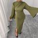 Women's Clothing Plus Size Clothes "Elegant High Waist Bell Sleeve Dress Solid Color Slit Maxi Dress With Pleated Skirt"_ecoleips.com