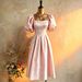 French Retro Satin Jacquard Midi Dress Square Neck Puff Sleeves Fitted Waist Full Skirt New Arrival 2026 Women's Party Wear_ecoleips.com