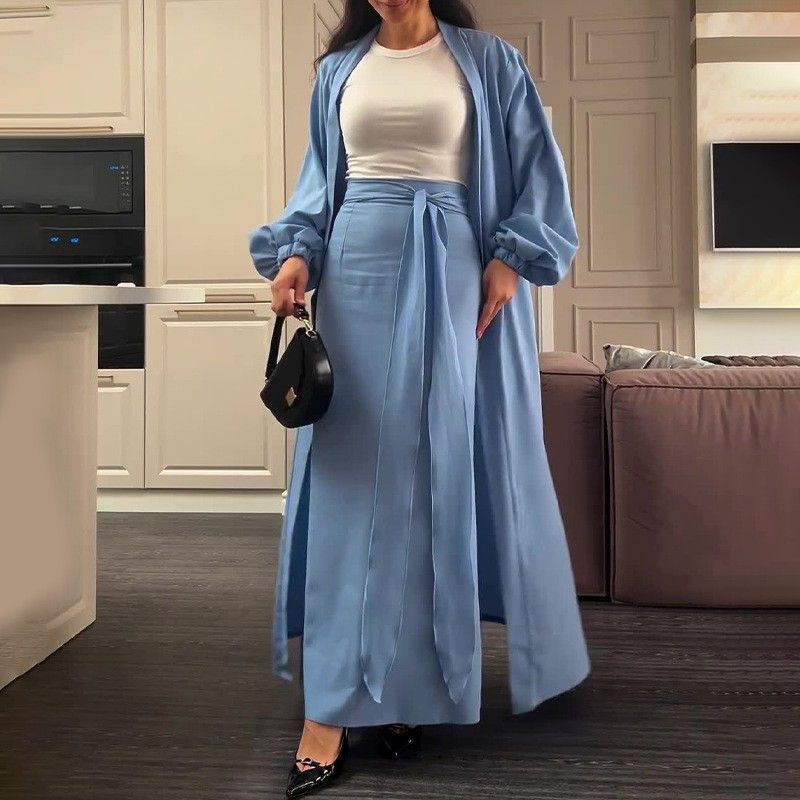 Muslim Knitwear"Modest Two-Piece Set – V-Neck Long Sleeve Top With Flowy Midi Skirt (XS-XXXL)"_ecoleips.com