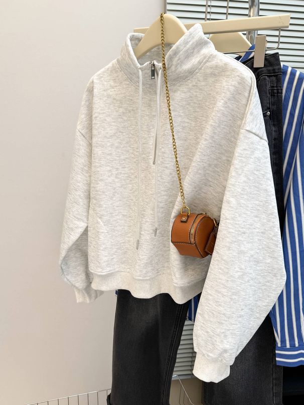 American-style Real-shot Spring And Autumn New Stand-up Collar Half-zip Long-sleeve Composite Sweatshirt For Women, Thin_ecoleips.com