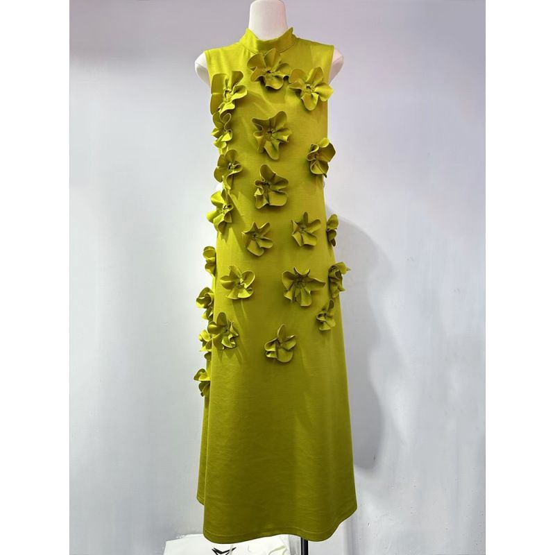 Women's Clothing Long Skirt Splicing Three Dimensional Flowers High Waist Design Slim Dress_ecoleips.com
