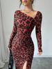 Women's Leopard Print Bodycon Dress - Long Sleeve High Waist Sexy Club Dress (Stretchy Fabric, Figure-Hugging, Night Out Outfit)_ecoleips.com