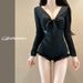 Women's Slimming One Piece Swimsuit Long Sleeve Solid Color Conservative Fitted With Underwire For Hot Springs Two Piece Design_ecoleips.com