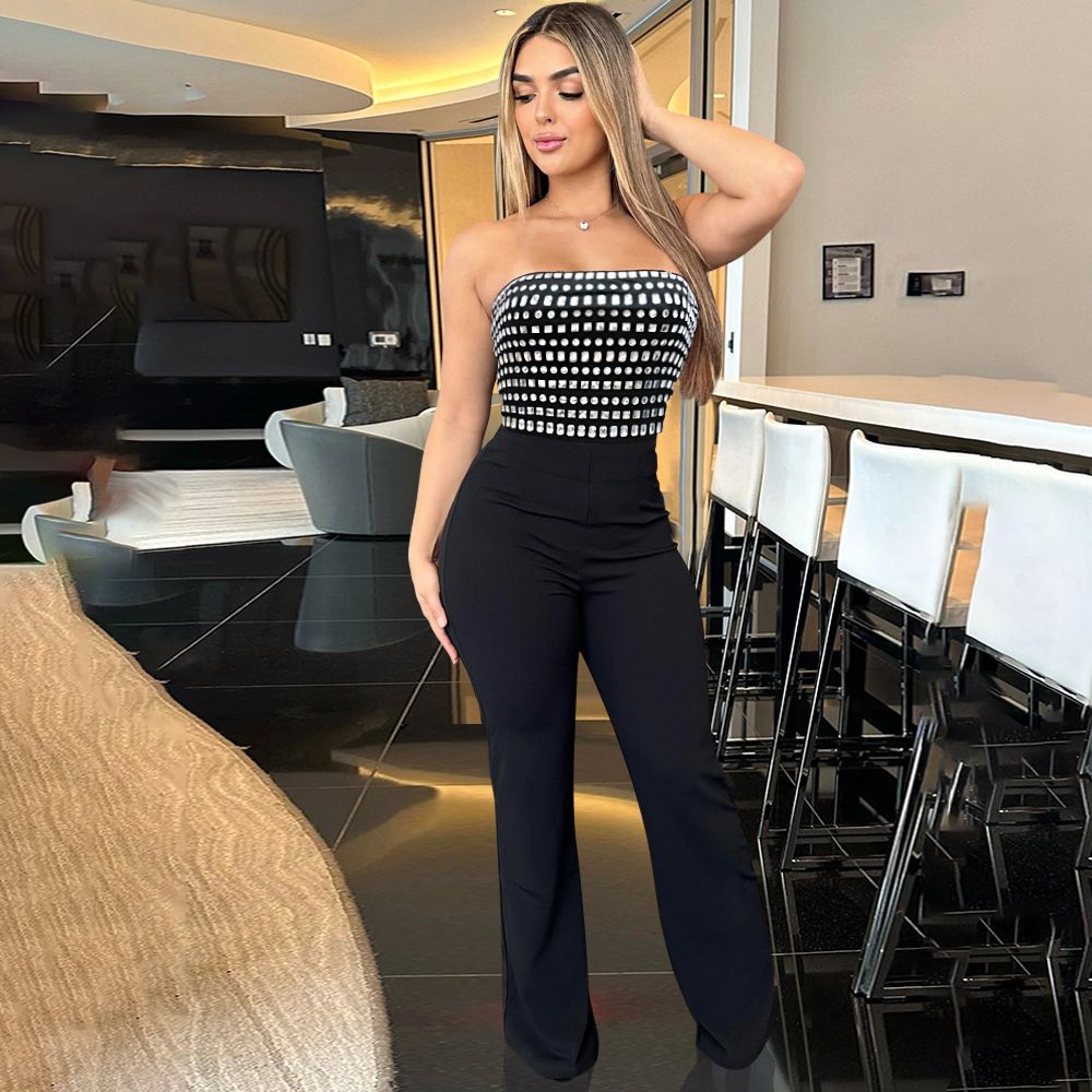 Women New Style Tube Top Sexy Fashionable Diamond Slim Trousers For Jumpsuit_ecoleips.com