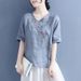 Thin Cotton-Linen Top, Women's Ethnic Style Vintage Olive Wood Button, Diagonal Embroidery, Loose Five-Quarter Sleeve Pu_ecoleips.com