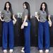 Women's Clothing Southeast Asian Women's Summer Casual Collar Set Striped Short Sleeve Solid Color Wide Leg Pants Loose Two-Piece Outfit_ecoleips.com