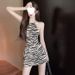 European And American Style Sexy Retro Zebra Print Halter Neck Ruched Waist Slimming Backless Tie Dress For Women_ecoleips.com