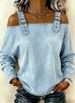 Women's Off Shoulder Long Sleeve Denim Blouse, Adjustable Strap Cold Shoulder Casual Top, Loose Fit Curved Hem Jeans Shirt For Daily Wear Streetwear,_ecoleips.com