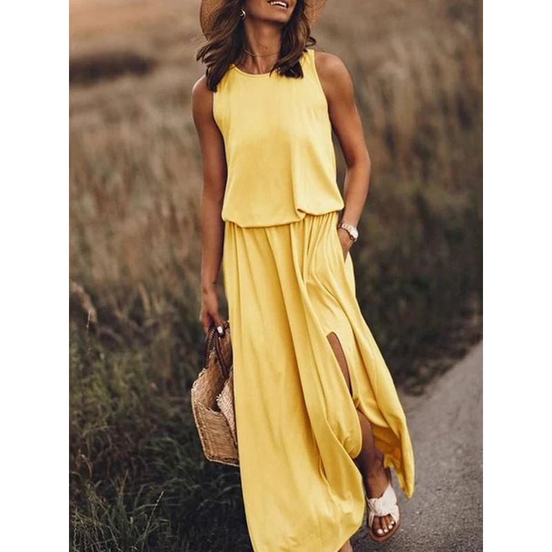 Women's Clothing Summer New Women's Round Neck Sleeveless Dress Slit Multi Color Solid Color Long Skirt_ecoleips.com