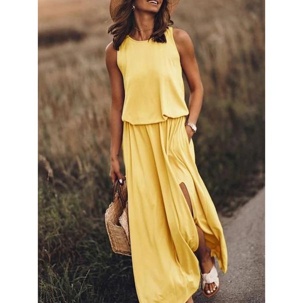 Women's Clothing Summer New Women's Round Neck Sleeveless Dress Slit Multi Color Solid Color Long Skirt_ecoleips.com