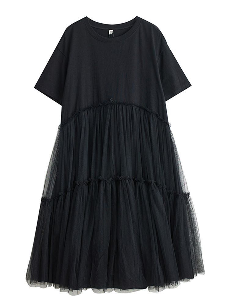 Mesh Patchwork Black Vintage Dresses For Women 2025 Summer New Short Sleeve Casual Loose Long Dress Fashion Elegant Clothing_ecoleips.com