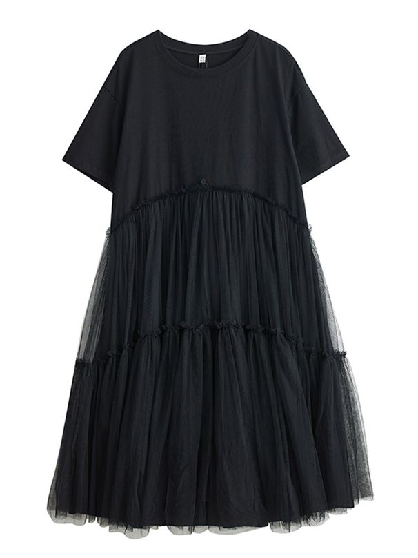 Mesh Patchwork Black Vintage Dresses For Women 2025 Summer New Short Sleeve Casual Loose Long Dress Fashion Elegant Clothing_ecoleips.com