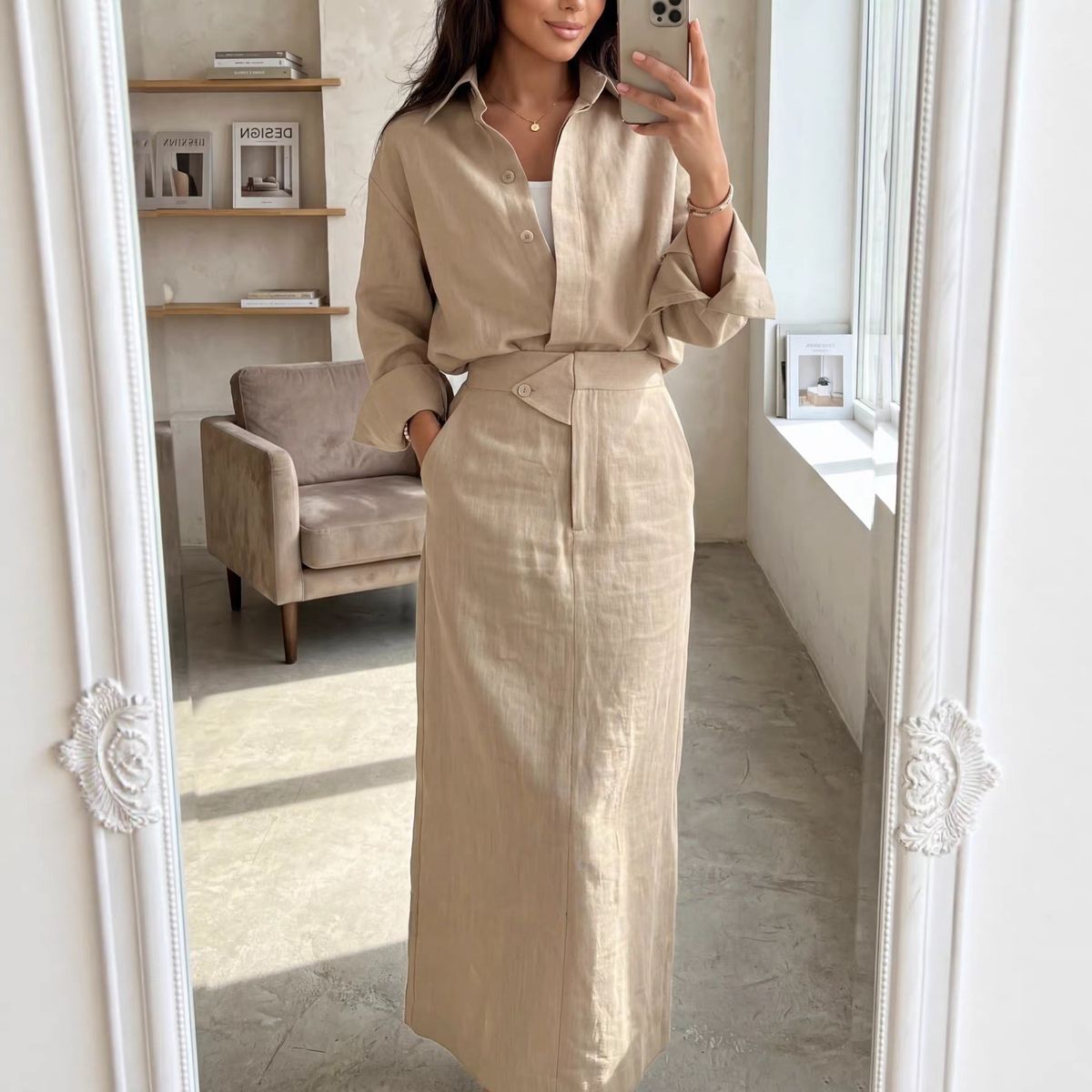 Spring Fashion High Waist Skirt Set For Women Lapel Loose Long Sleeve Shirt Style Clothing_ecoleips.com