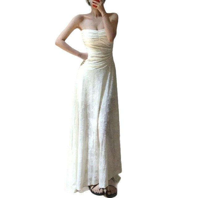 Women's French Sweet Strapless Ruched Off Shoulder Belted Maxi Dress – Designer Summer Gown_ecoleips.com