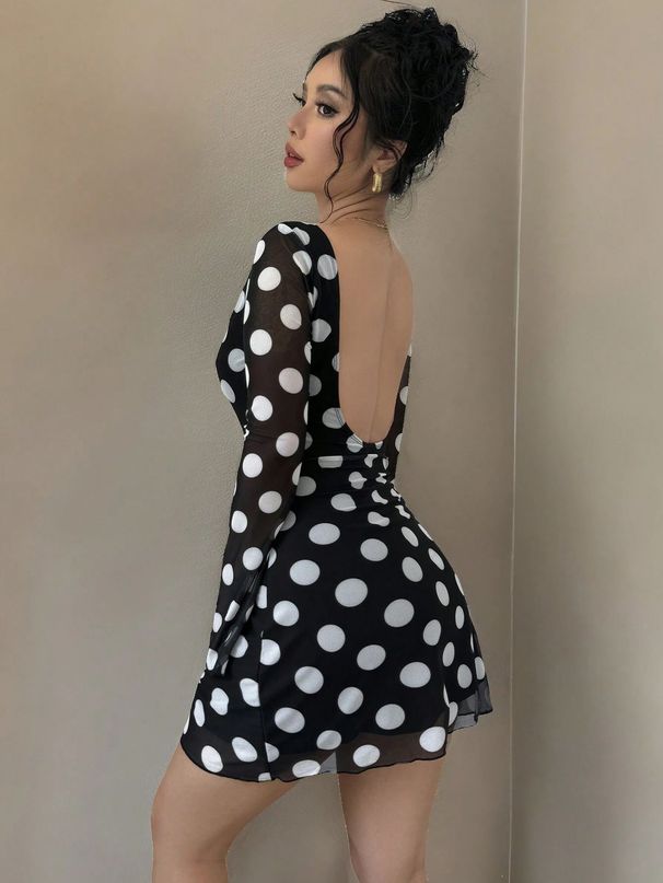 Women's Sexy Polka Dot Backless Mesh Mini Dress With Flared Sleeves – Summer & Spring Fashion Breathable Comfort_ecoleips.com