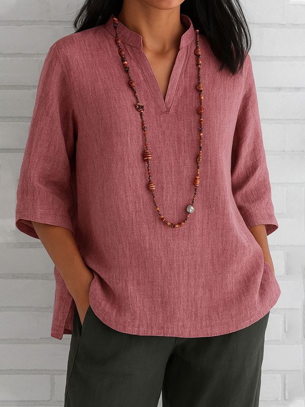 Women's Clothing V Neck Three Quarter Sleeve Cotton And Linen Loose Casual Shirt_ecoleips.com