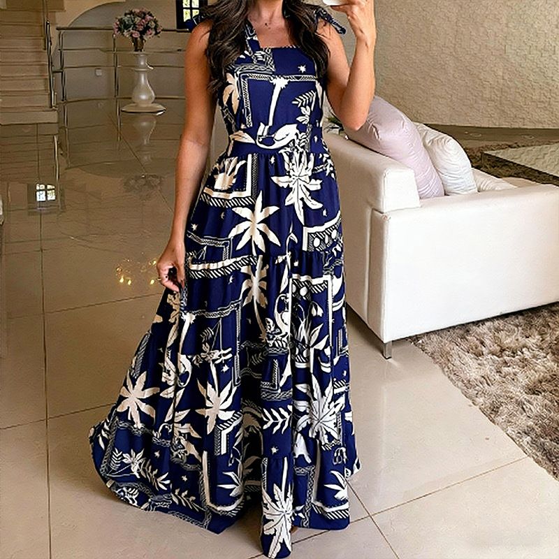 Women's Flowy Printed Maxi Dress With Adjustable Straps – Stylish & Comfortable For Vacation & Daily Wear_ecoleips.com
