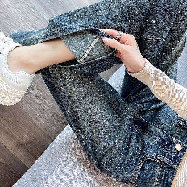 Women's Clothing Narrow Wide Leg Jeans For Women, Loose High Waist Straight Pants, Spring Niche Design, Personalized Hot Diamond Mopping Pants_ecoleips.com