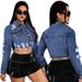 Women's Distressed Denim Jacket With Fringe Detail - Slim Fit Long Sleeve Blue Denim Shirt For Casual & Office Wear_ecoleips.com