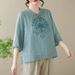 A Short-Sleeved Top With A Stand-Up Collar, Buttons, Embroidery, Cotton And Linen Mid-Sleeve Pullover, And A Versatile S_ecoleips.com