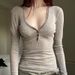 American Contrasting V-Neck Low Cut Sexy T-Shirt For Women's New Waist Tied Chest Knitted Long Sleeved Base Shirt_ecoleips.com