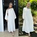 Elegant Muslim Dress With Lace Trim & Lantern Sleeves – Modest Loose Fit, Full-Length Skirt For Women (White/Apricot, S-XL)_ecoleips.com