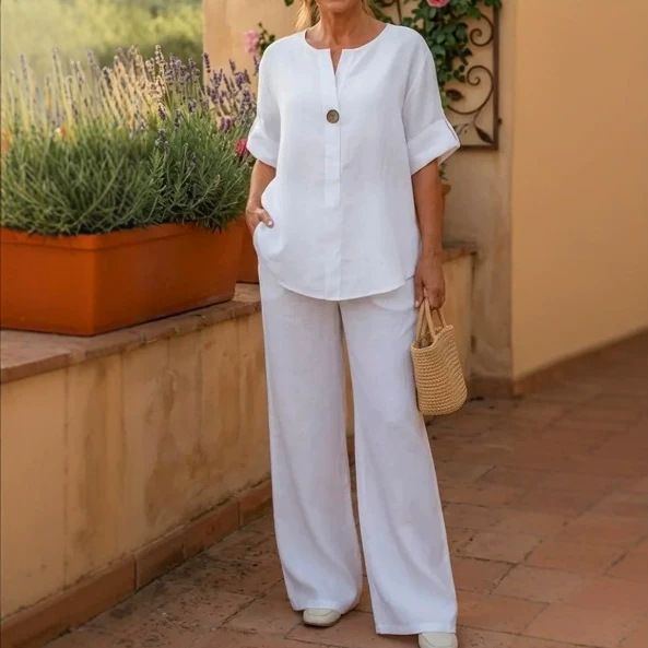 Women's Casual Cotton Linen Set Comfortable Loose Tops Wide Leg Pants European American Fashion_ecoleips.com