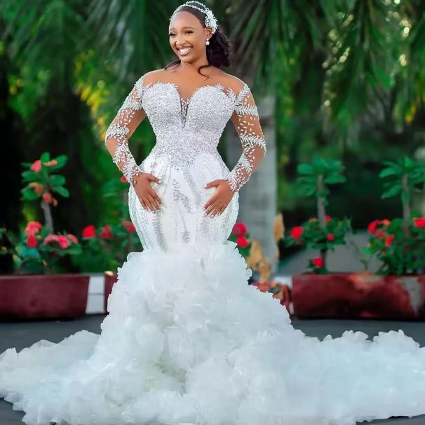 Newest African Bride Wedding Dress Deep V Rhinestone Lace Long Sleeved Women's Wedding Party Wear_ecoleips.com