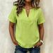 Women's Loose V Neck Short Sleeve Shirt Solid Color Striped Summer Top European American Style Independent Site Clothing 2026_ecoleips.com