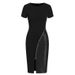 Women's Black PU Patchwork Bodycon Dress Zip Up Short Sleeved Thigh High Slit Casual Fashion Design Dress_ecoleips.com