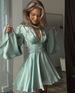 Women's Party French Satin Trumpet Sleeve Solid Color Long Sleeve Sexy V-Neck Waist Miniskirt Dress_ecoleips.com