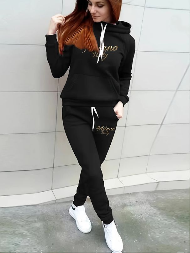 Women's European American Style Autumn Winter Hooded Sweatshirt Casual Letter Print Fleece Lined Thickened Set_ecoleips.com
