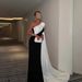 Dramatic Floral Cape Evening Gown – Sexy One-Shoulder Ball Gown For Weddings & Galas (S-XXL, Black/White)_ecoleips.com