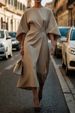Women's Clothing Fashion Temperament Elegant Solid Color Waist Dress Casual Bat Sleeve Long Dress_ecoleips.com