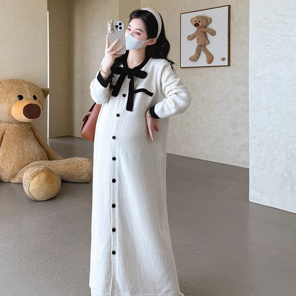 Autumn New Korean Fashion Bow Long Loose Maternity Dress_ecoleips.com