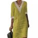 Women's Solid Color V Neck mid Sleeve Casual Dress Cotton And Linen Blend Independent Website Hot Selling 2023 European And American Style_ecoleips.com