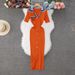 Women's Clothing Polo Collar Contrast Dress Short Sleeve Embroidered Long Dress Waist Slim Knitted Dress_ecoleips.com