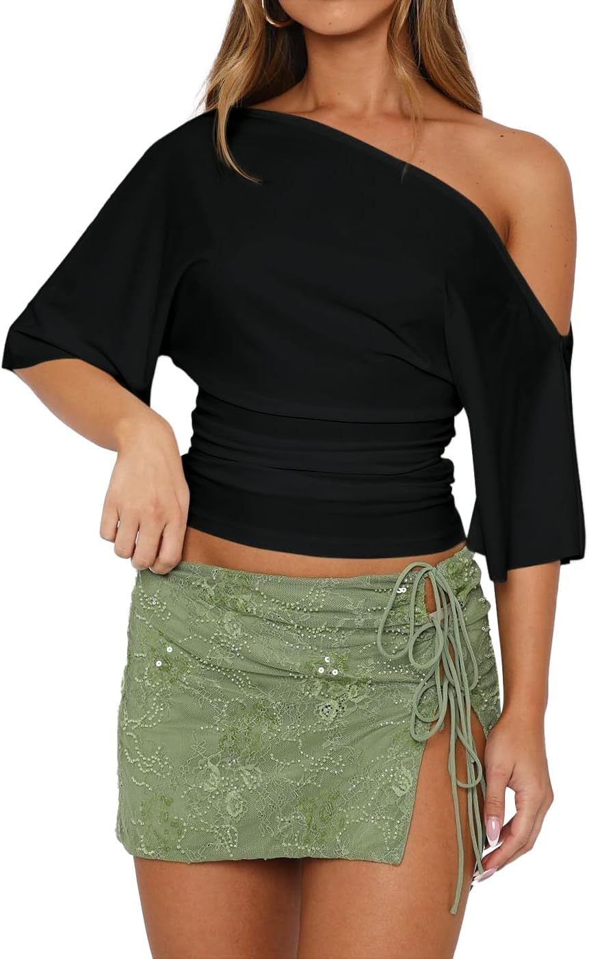 2026 Popular Women Chic Off Shoulder Side Ruched Cropped Tops_ecoleips.com