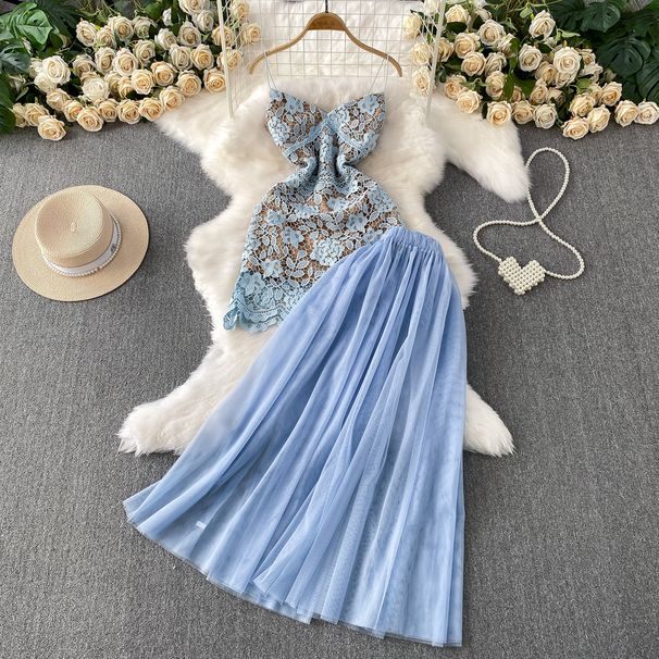 Elegant Water Soluble Lace Camisole Short Dress Two Piece Set For Women High Waisted Slimming Flowy Mesh Half_ecoleips.com