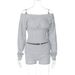 Women's European American Style One Shoulder Top And Shorts Set Autumn Winter Sporty Two Piece Tie Waist Five Point Pants_ecoleips.com