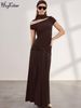 Hugcitar Elegant Turtleneck Solid Ruched Short Sleeve Hole Sexy Bandage Gown Maxi Dress Summer Vacation Clothings Party Club_ecoleips.com
